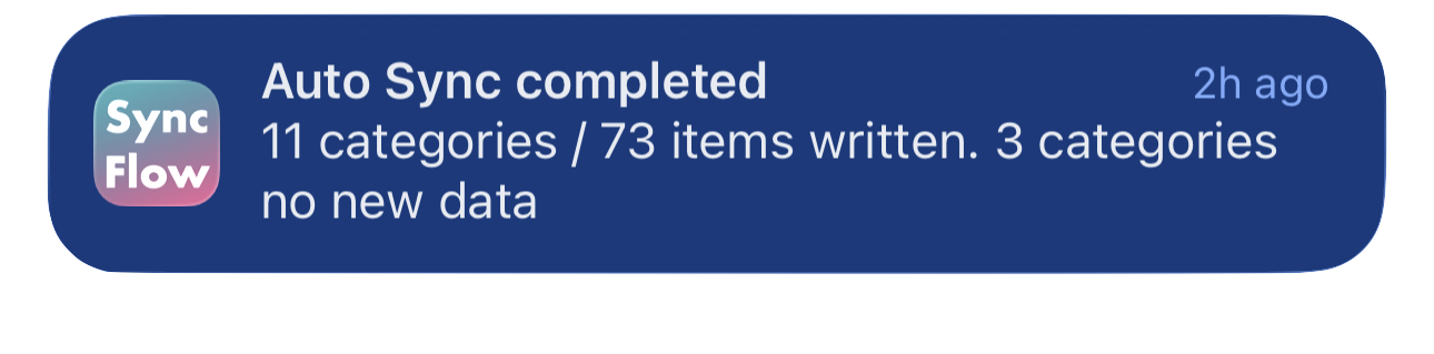 English example of a SyncFlow Auto Sync completion notification, showing synced categories and categories with no new data.